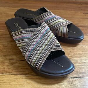 Villager Liz Claiborne Platform Wedge Slip On Sandal Shoe Brown Stripe Women 6.5